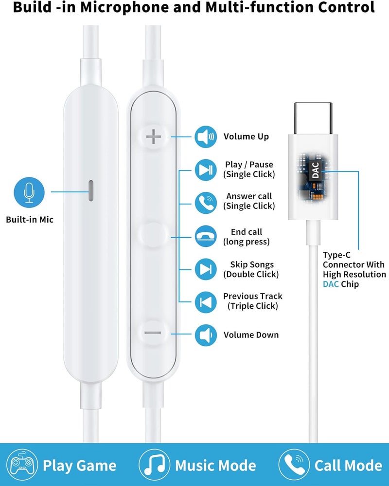 AFGHOA سماعات أذن USB C لسامسونج S25 FE S24 A16 A17 سماعات سلكية مغناطيسية داخل الأذن نوع C مع ميكروفون تحكم في الصوت باس ستيريو إلغاء الضوضاء لآيفون 17 برو ماكس إير 16 16e 15 بيكسل 10 9a - Image 3